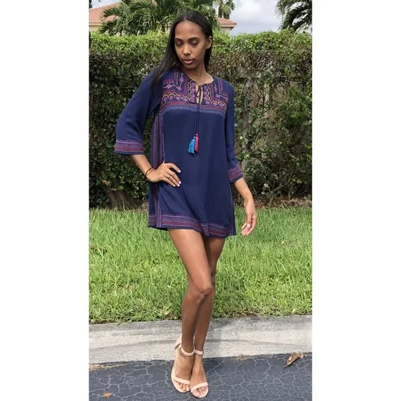 THML Embroidered Shift Dress, Navy - Picture 6 of 7